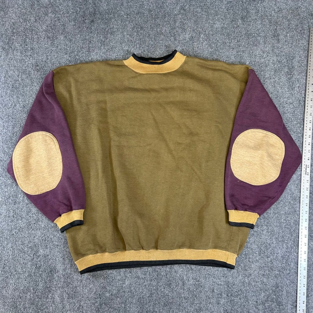 Vintage Genus Colorblock Sweatshirt XL Olive Purple Elbow Patches Mock Neck 90s